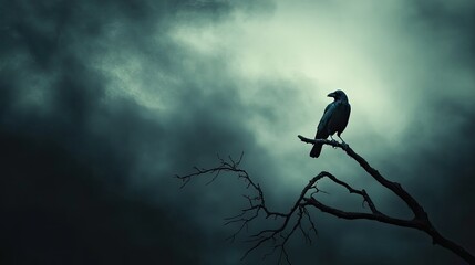 A crow sits quietly on a dead tree branch with a dark, brooding sky behind it, representing an eerie and ominous atmosphere.