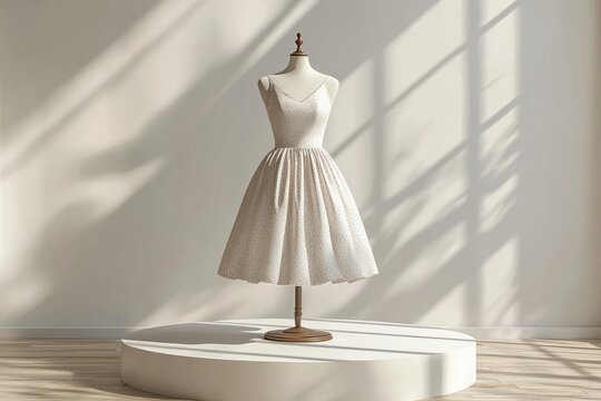 A realistic 3D mockup featuring a dress displayed on a mannequin, positioned on a sleek podium. The background is neutral, providing a clean canvas to highlight the dress design. The image is