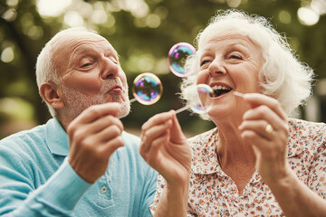 Happy senior couple blowing soap bubbles