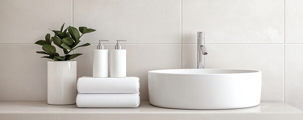 Modern bathroom scene featuring a sleek basin, fresh towels, and a stylish plant for a tranquil atmosphere.