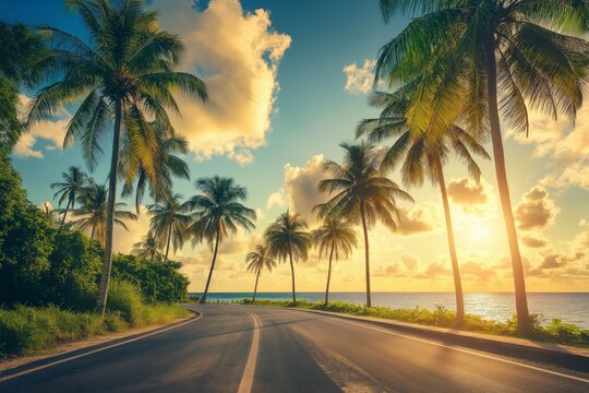 A road with palm trees on both sides and a beautiful sunset in the background