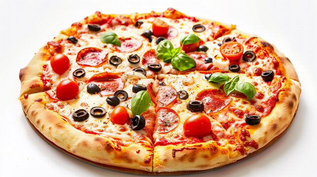 Hot and Freshly Cooked Pizza with Traditional Ingredients and Crispy Crust Isolated on White