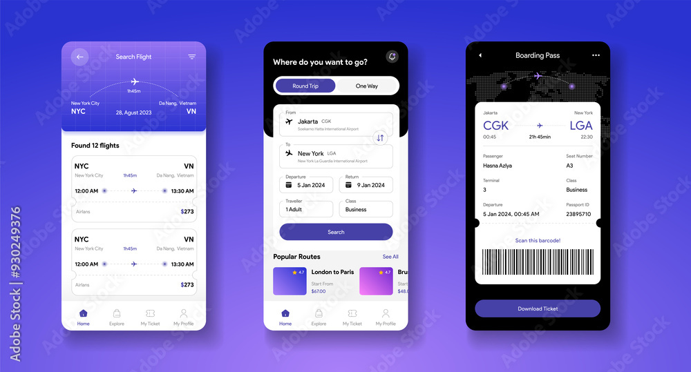 Wall mural flight tickets search mobile app interface. digital boarding pass template. travel application. airl