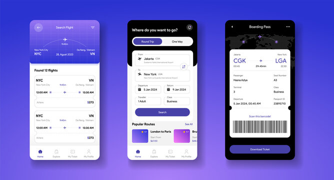 Flight tickets search mobile app interface. Digital boarding pass template. Travel application. Airline data card mockup. Airplane ticket frame E-ticket fly Vector illustration.