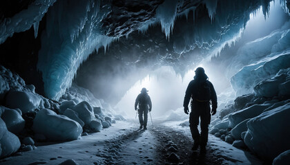 Fototapeta premium Ice Cave Lost in Foggy Winter: The Trailblazer's Transit Engulfed in Landslide