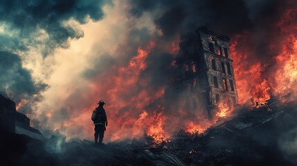 Firefighter Contemplates Devastation of Building Fire