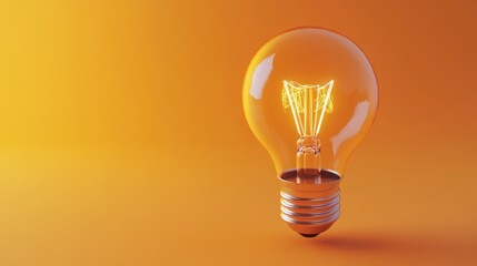 An orange lightbulb with a glowing filament centered against an orange background, symbolizing ideas, warmth, and creativity, blending the classic bulb design with minimalist style.