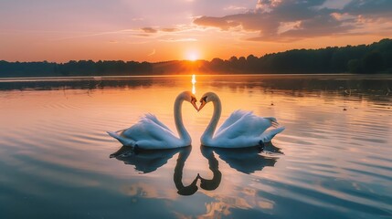 Two Swans Form a Heart Shape at Sunset on a Lake