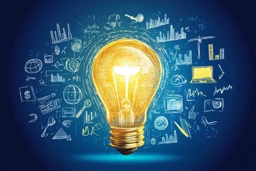 Drawing of a light bulb symbolizing ideas and innovation with an array of graphs, tech icons, and doodles on a blue background, representing business and technology concepts.