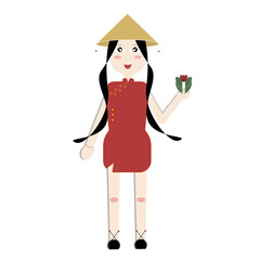 Vietnamese girl in traditional dress. Flat vector illustration on white background
