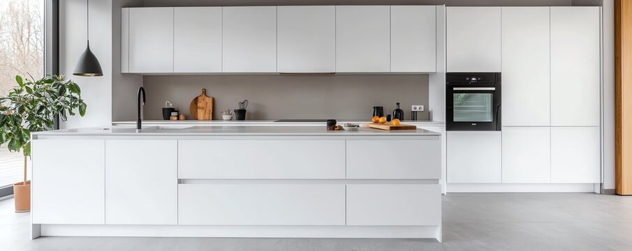 Modern white kitchen with sleek cabinets, elegant countertop, and minimalistic decor, perfect for contemporary home styling.