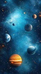 A space-themed background with planets and stars, representing exploration and cosmic science