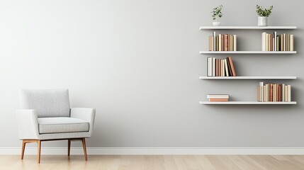 Stylish living room interior with a gray chair, bookshelf, and decorative plants against a minimalistic wall, perfect for relaxation.