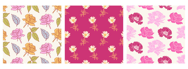 Floral Hand Drawn Flowers Seamless Patterns Set