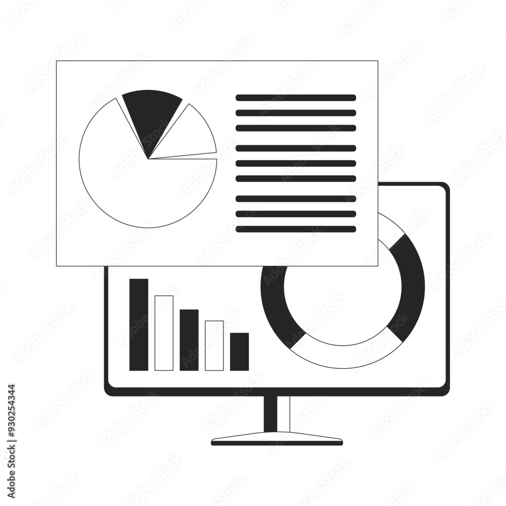 Poster computer analyzing data black and white 2d line object. pie chart graph. tech analytics desktop moni