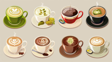 Variety of coffee and tea drinks including mocha, green tea, hot chocolate, black coffee, matcha, cappuccino, and flat white, in a stylish set