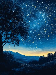 Fototapeta premium Night Sky with Mountains and Tree Silhouettes