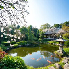 Obraz premium Tranquil Japanese Garden with Pond and Koi Fish in Spring