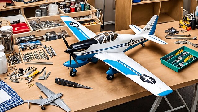 Model Airplane on Workbench with Tools