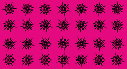 Curved drawing of a snowflake. Composition of repeating objects. Pink background. Unique shape, symmetry, ornaments. Illustration. Cute, funny winter concept