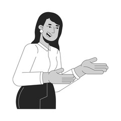 Indian woman friendly manager black and white 2D line cartoon character. Cheerful female boss isolated vector outline person. Saleswoman smiles. Brunette business lady monochromatic spot illustration