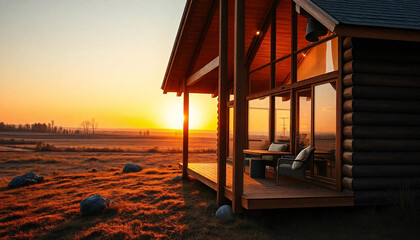 A modern wooden cabin with a large porch overlooking a grassy field and a scenic landscape in the background at sunset