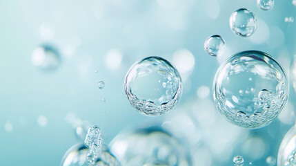 Close-up of bubbles in water, highlighting a scientific background for cosmetic essence or serum under a microscope. Represents hydration and the development of cosmetics.