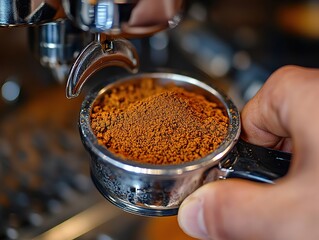 Close-up of Barista's Hands Tamping Ground Coffee in Portafilter, Focus on Professional Coffee Making Technique and Precise Tamping Pressure for Perfect Espresso