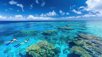 Tourists snorkeling in the vibrant coral reefs of the Great Barrier Reef in Australia, showcasing underwater travel activities