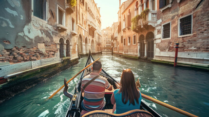 Tourists enjoying a gondola ride through the canals of Venice, capturing the charm of this exotic destination