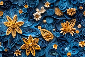 seamless pattern of 3D mandala in blue and gold floral,  paper quill pattern.	