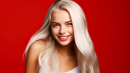 Fototapeta premium Portrait of a smiling cheerful blond teenage girl with long white hair and perfect skin, red background, banner.