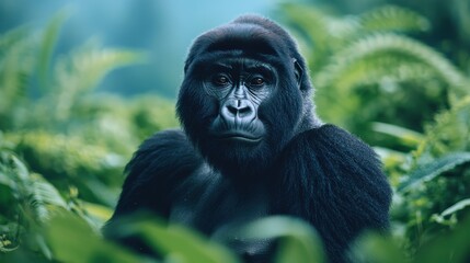 Obraz premium A majestic gorilla gazes thoughtfully through lush green foliage in its natural habitat.