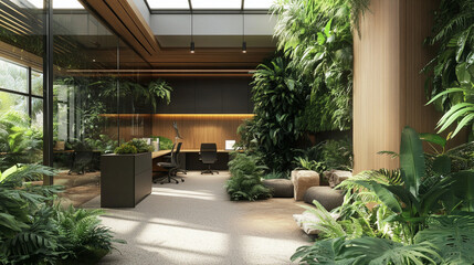 Green Office with Indoor Plants Modern Work Environment