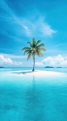 A remote island with turquoise waters and a solitary palm tree, symbolizing isolation and paradise