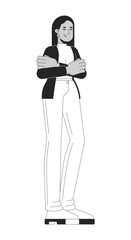 Middle eastern female employee entrepreneur black and white 2D line cartoon character. Professional proud woman crossed arms isolated vector outline person. Manager monochromatic spot illustration