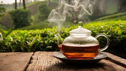 A teapot nestled among green tea leaves in a lush plantation, perfect for a hot morning drink, showcasing a travel concept.