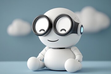 Curious white robot exploring a cloud themed corridor symbolizing the quest for knowledge in cloud technology