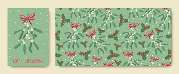 Christmas seamless pattern with mistletoe and bow. Merry Christmas, мistletoe branch with red bow on green background for greeting cards. Winter vector illustration.