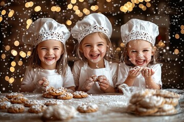 Three young girls enjoy baking cookies together, wearing matching white chef hats and aprons in a festive, cozy kitchen setting.