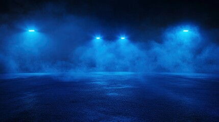 Fototapeta premium A dark empty street, dark blue background, an empty dark scene, neon light, spotlights The asphalt floor and studio room with smoke float up the interior texture. night view , ai
