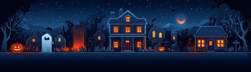 Obraz premium Charming Halloween night scene with illuminated houses, pumpkins, and a crescent moon casting an eerie glow.