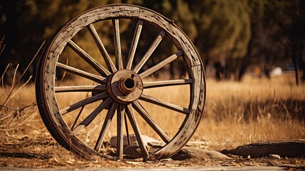 An old wooden wagon wheel leaning up in outdoor area. Neural network ai generated art