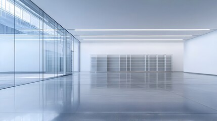 Obraz premium Transparent Glass Bookshelf in Serene Modern Art Gallery