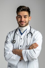 Fototapeta premium Handsome male doctor with stethoscope, arms crossed on white background.