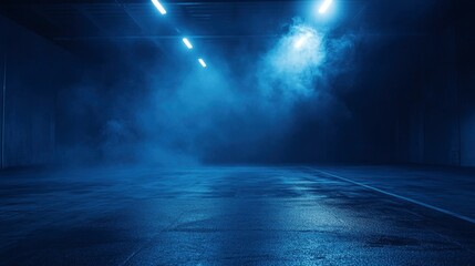 Obraz premium A dark empty street, dark blue background, an empty dark scene, neon light, spotlights The asphalt floor and studio room with smoke float up the interior texture. night view , ai
