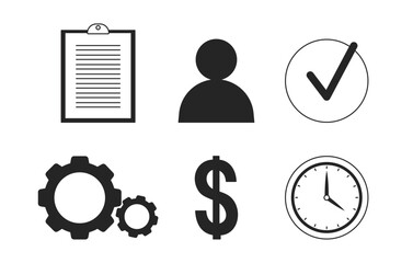 Project management black and white 2D line objects set. Cogwheels, clipboard, money isolated vector outline items collection. Operational efficiency, performance monochromatic flat spot illustrations