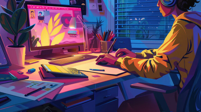 Sleek home office setup with a person working on a graphic design project, showing creativity and productivity in a freelance environment