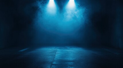 Obraz premium A dark empty street, dark blue background, an empty dark scene, neon light, spotlights The asphalt floor and studio room with smoke float up the interior texture. night view , ai
