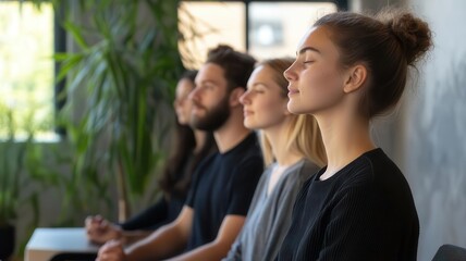 Colleagues sharing a moment of silence before a big project, zen in chaos, team mindfulness